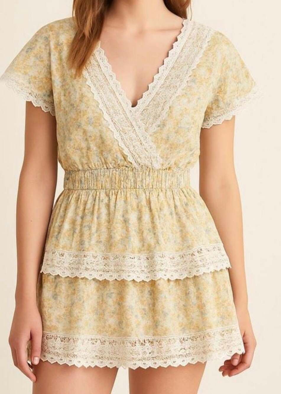 American Eagle Yellow Floral Layered Lace Boho Mini Dress - Picture 5 of 11